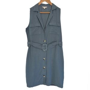 Sim + Sam dusty blue sleeveless mini shirt dress with belt